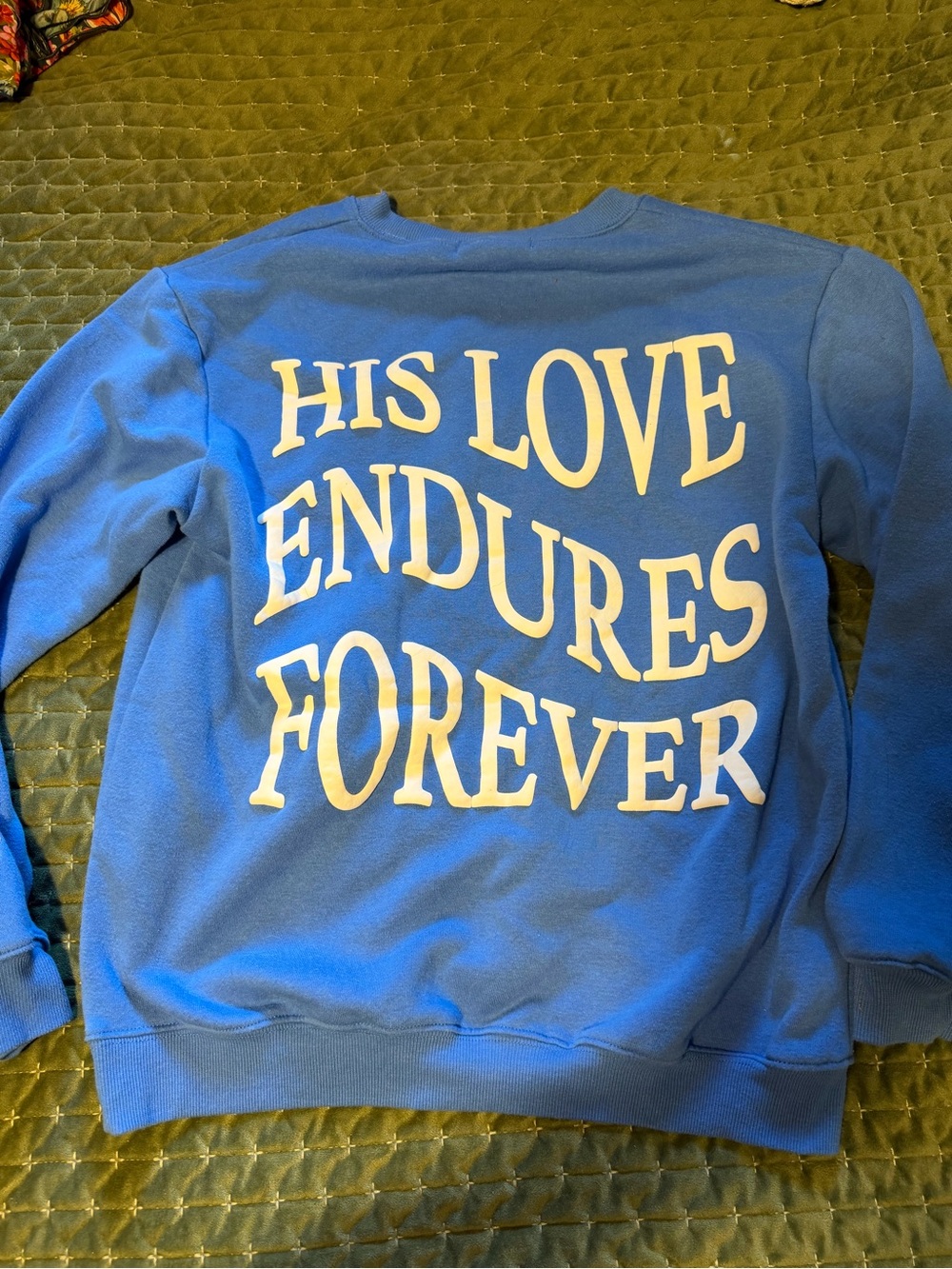 Blue Graphic Crewneck Sweatshirt - "His Love Endures Forever"